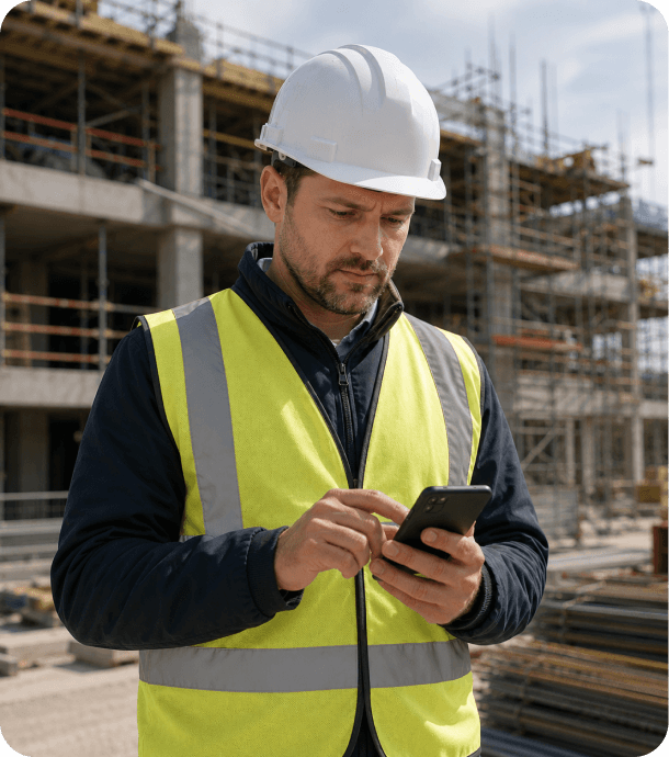 Site inspector using a phone on a construction site