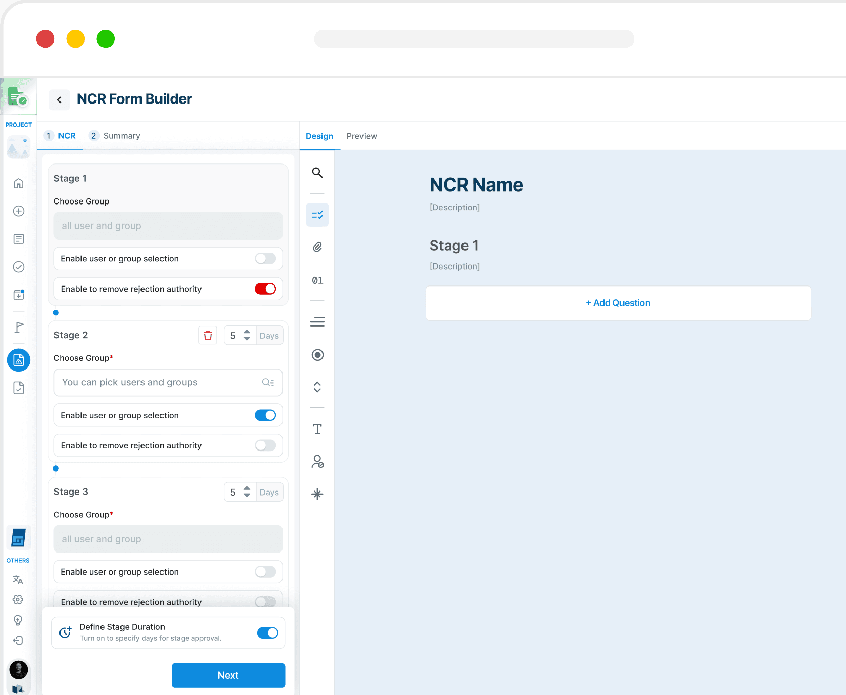 NCR Form Builder — multi-stage approval routing for non-conformance reports