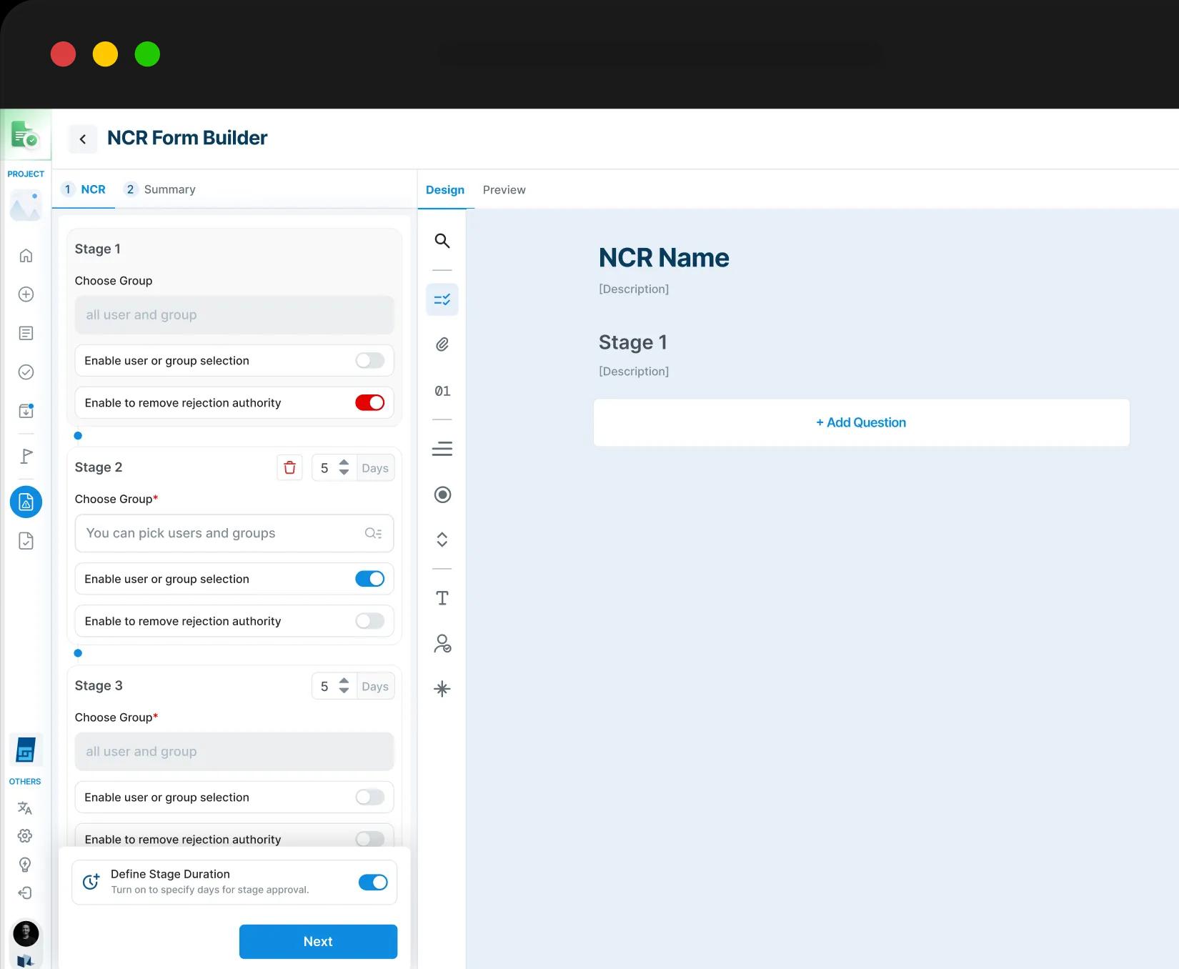 NCR Form Builder — multi-stage approval routing for non-conformance reports