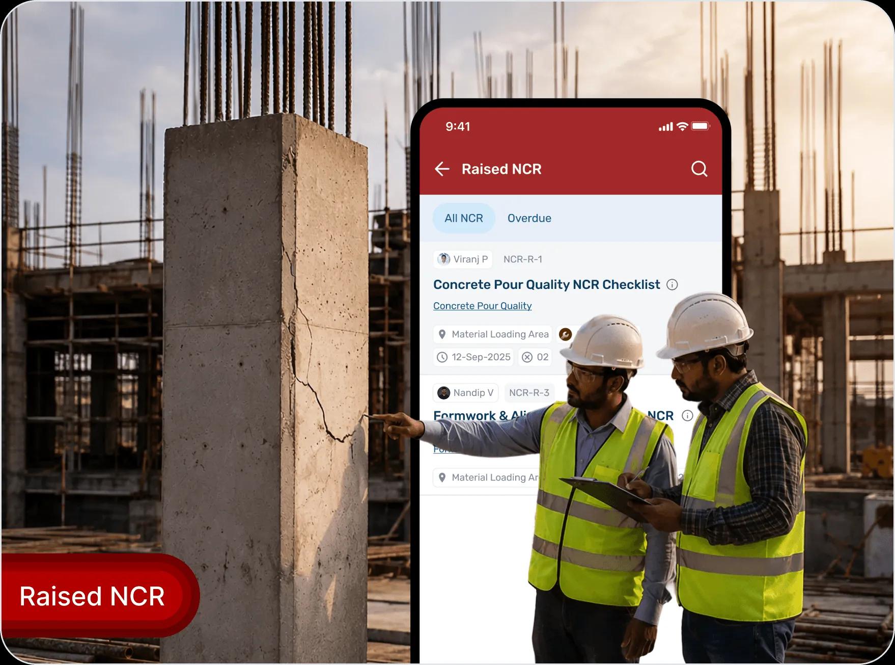 Site inspectors raising an NCR for a concrete defect