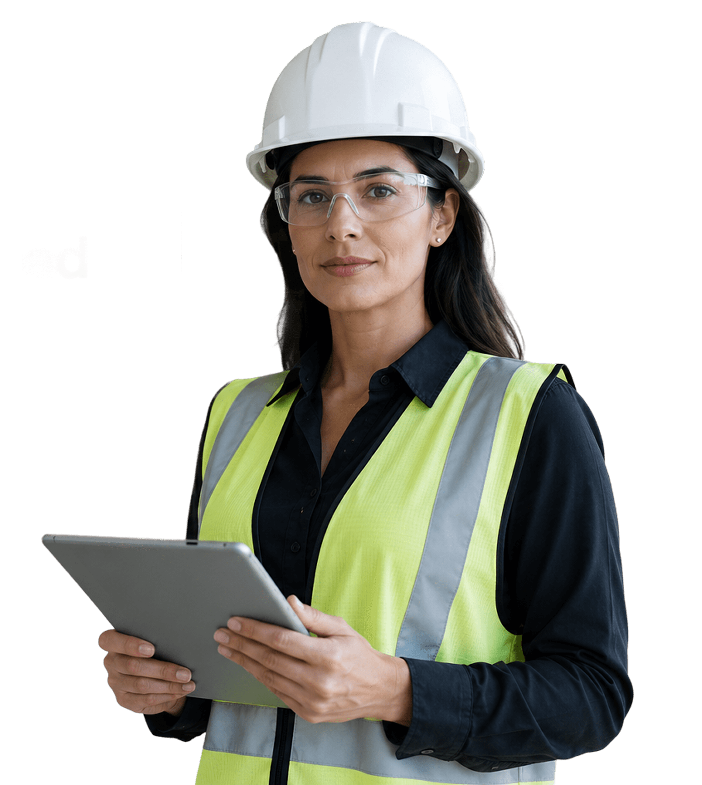Site supervisor with hardhat holding a tablet