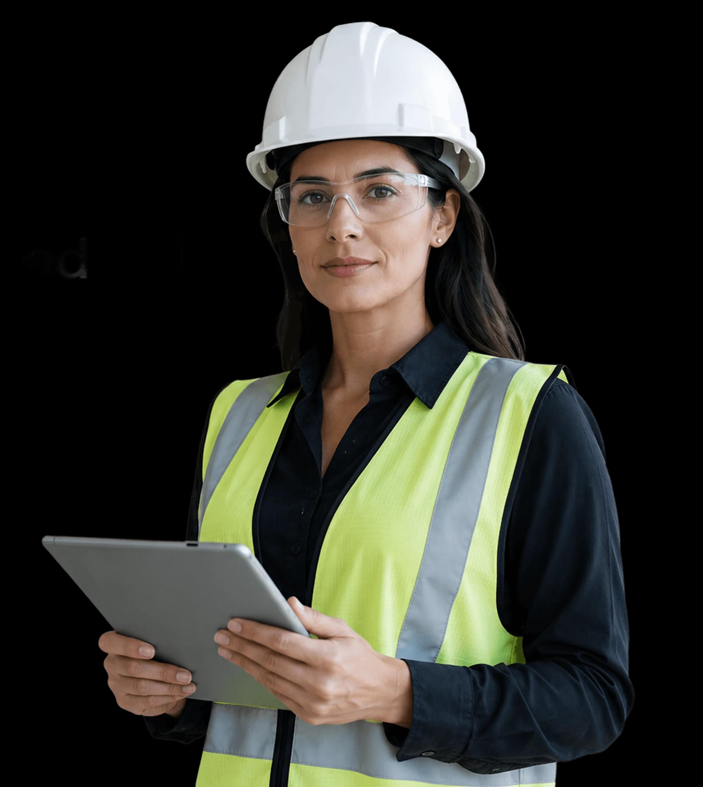 Site supervisor with hardhat holding a tablet